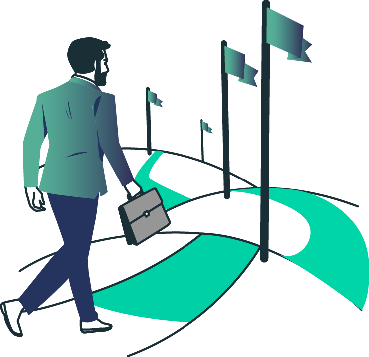 Man with case walking on Road with four Checkpoints Flags ahead.