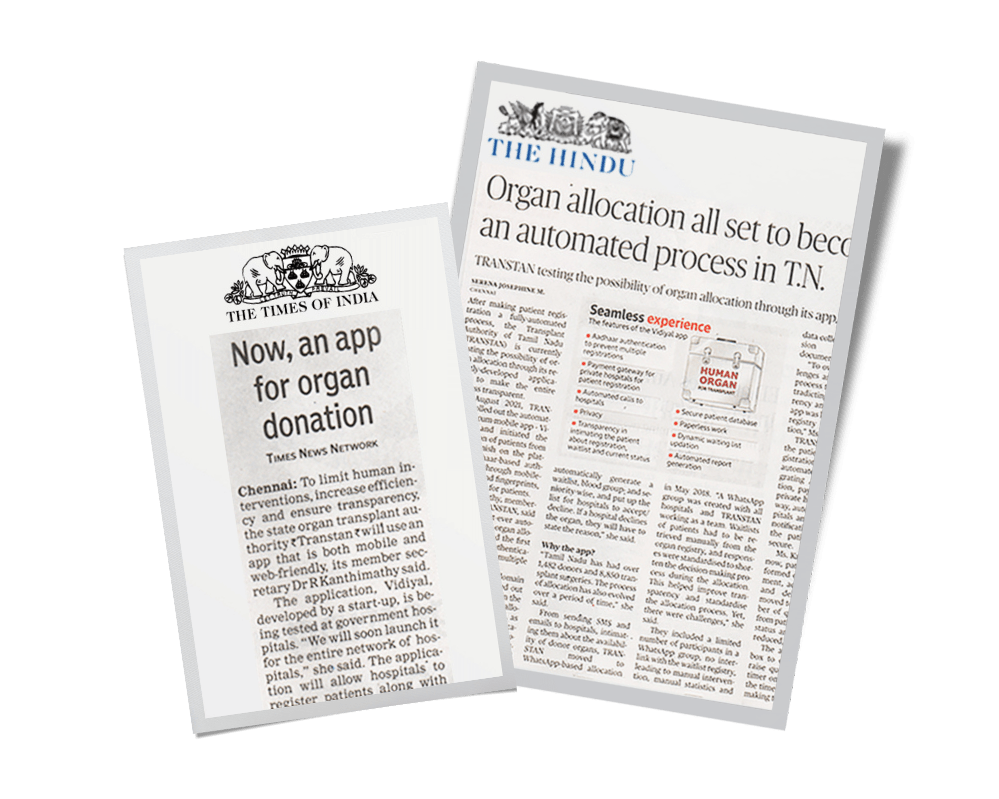 News articles of The Hindu and TOI on TRANSTAN organ donation app release.