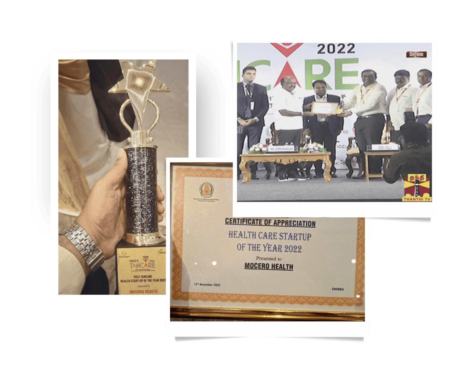 Mocero receiving Healthcare Startup of the Year 2022 award and certificate.