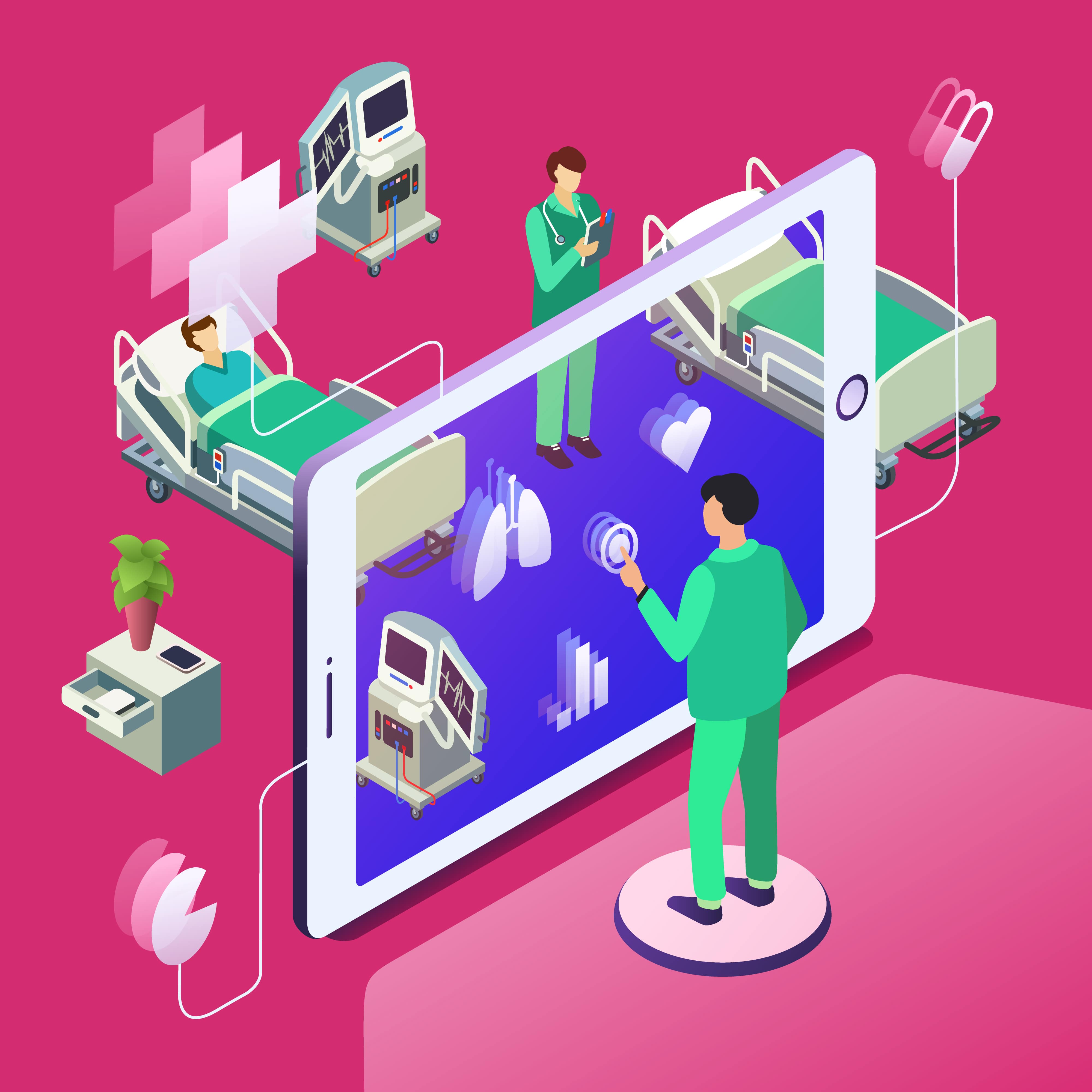 Doctor standing in front of a tab and treating a patient through digital means.
