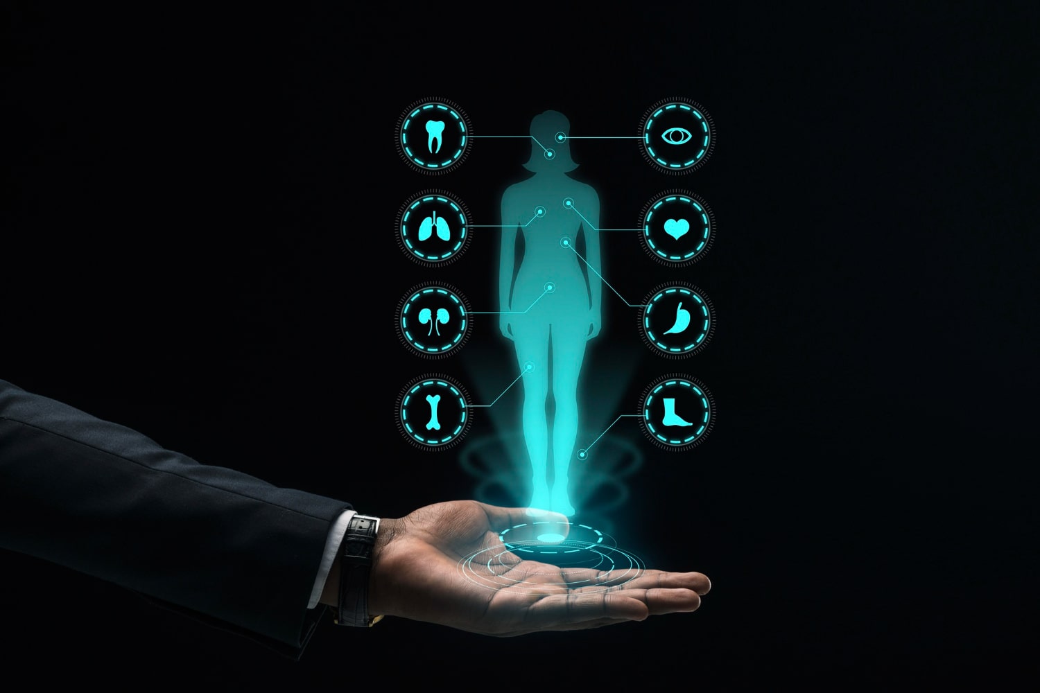 Digital hologram of the human body appearing above a person's palm.