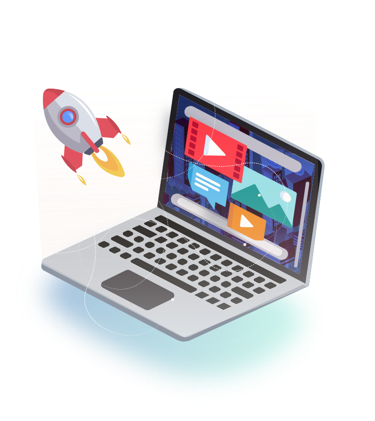 A laptop with social media apps and a flying rocket outside.