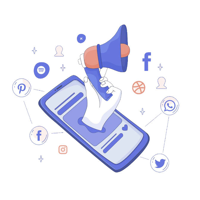Mic-holding hand coming out of a phone, surrounded by app icons.