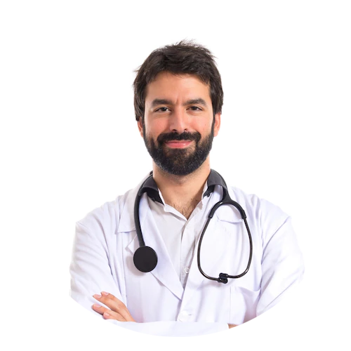 Doctor smiling with Arms Crossed and Stethoscope on Shoulders.